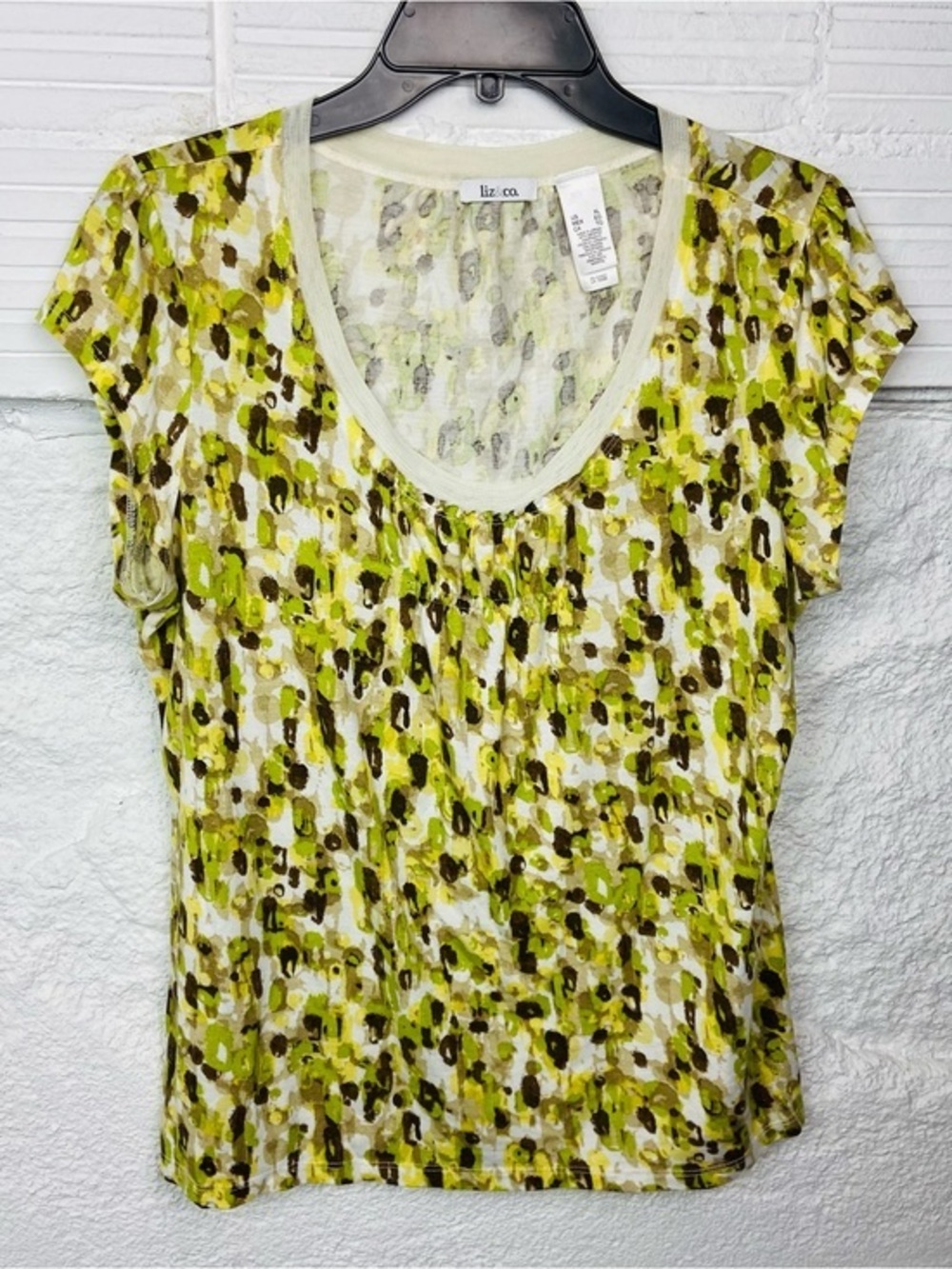 liz & co. Green and White Micro-Print Scoop  pleated Neck Top size XL